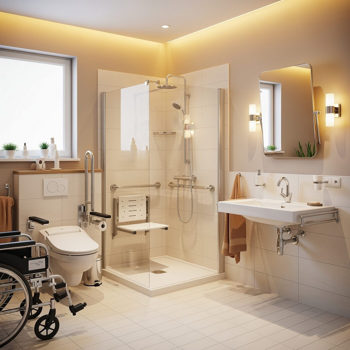 Accessible bathroom with walk-in level-access shower and grab rails