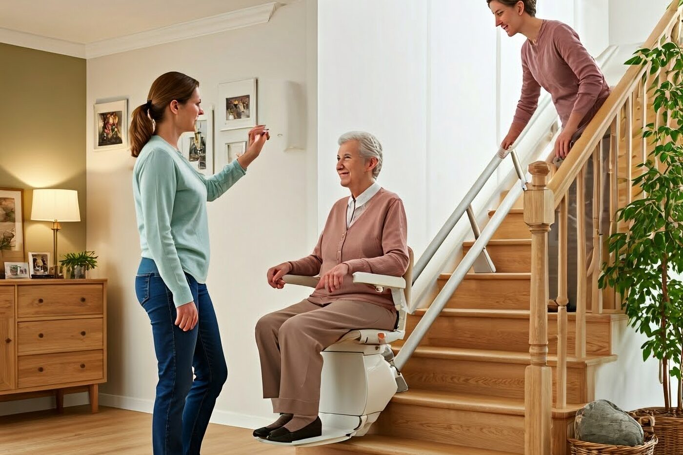 Family helping an older parent use a home stairlift in Ireland